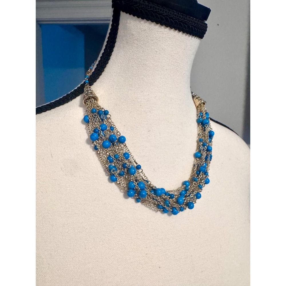 Vintage Signed Gold Tone Turquoise- Color Beaded Multi-Strand Bib Necklace